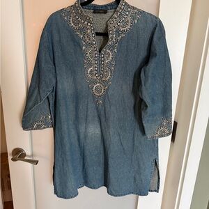 Blue Embroidered Denim Tunic Top